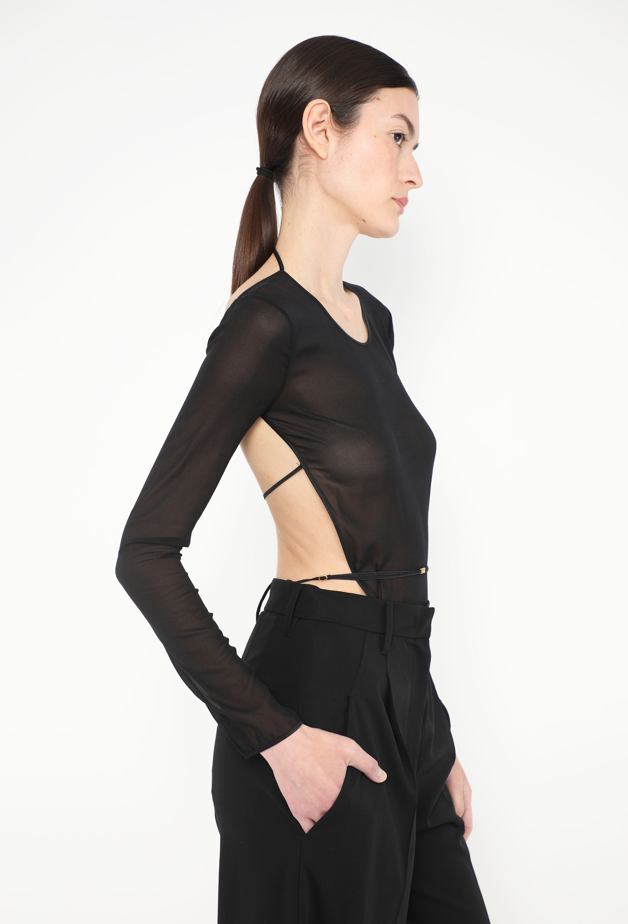 インナー・ルームウェアその他 Saint Laurent FW24 Black mesh bodysuit (796584Y76SO 1000) S/S 2024 Silk Open-Back Bodysuit - Saint Laurent | ReSee