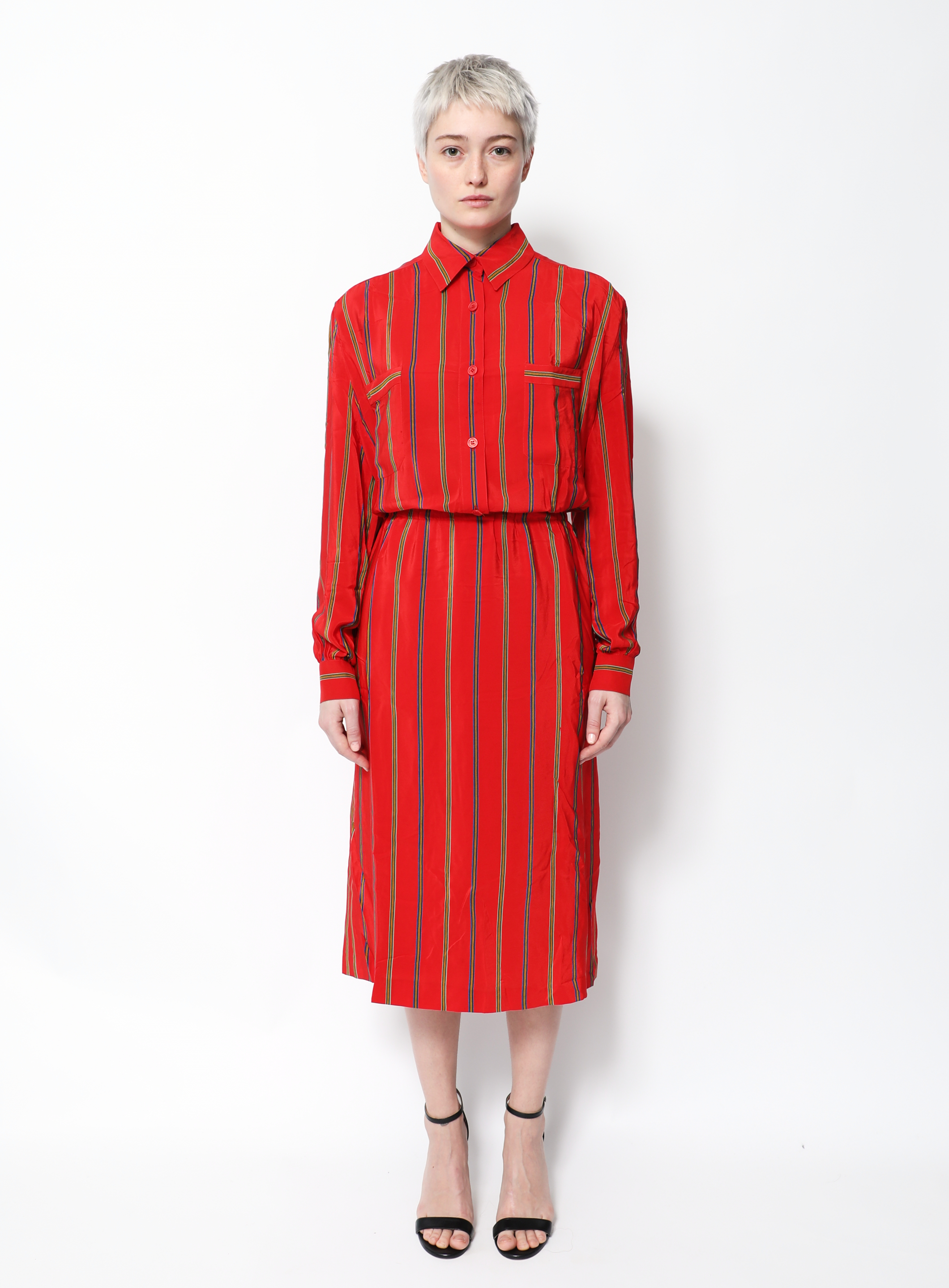 ワンピース Celine Long shirt dress CELINE Vintage Silk Long-Sleeve Shirt Dress, Red, Size 38
