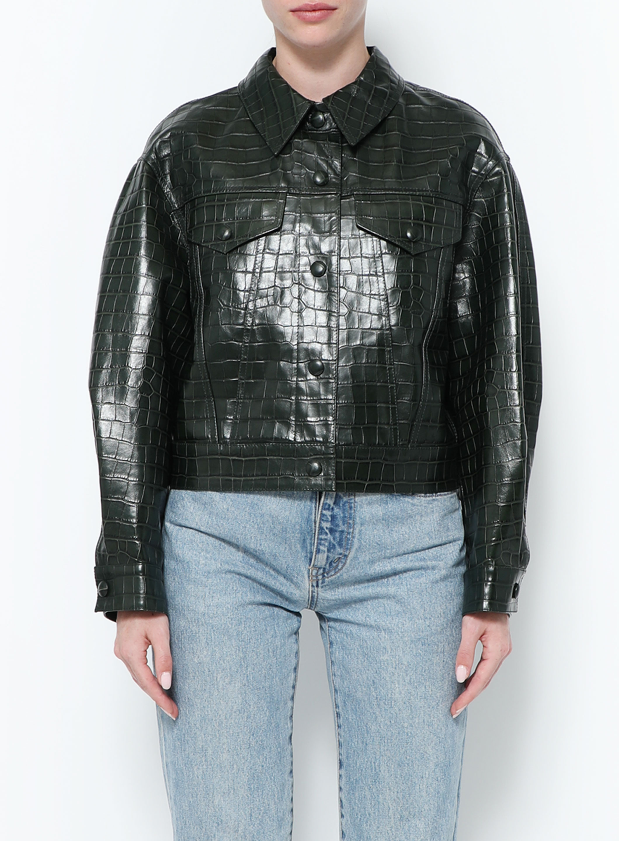 2022 Cropped Embossed Leather Jacket