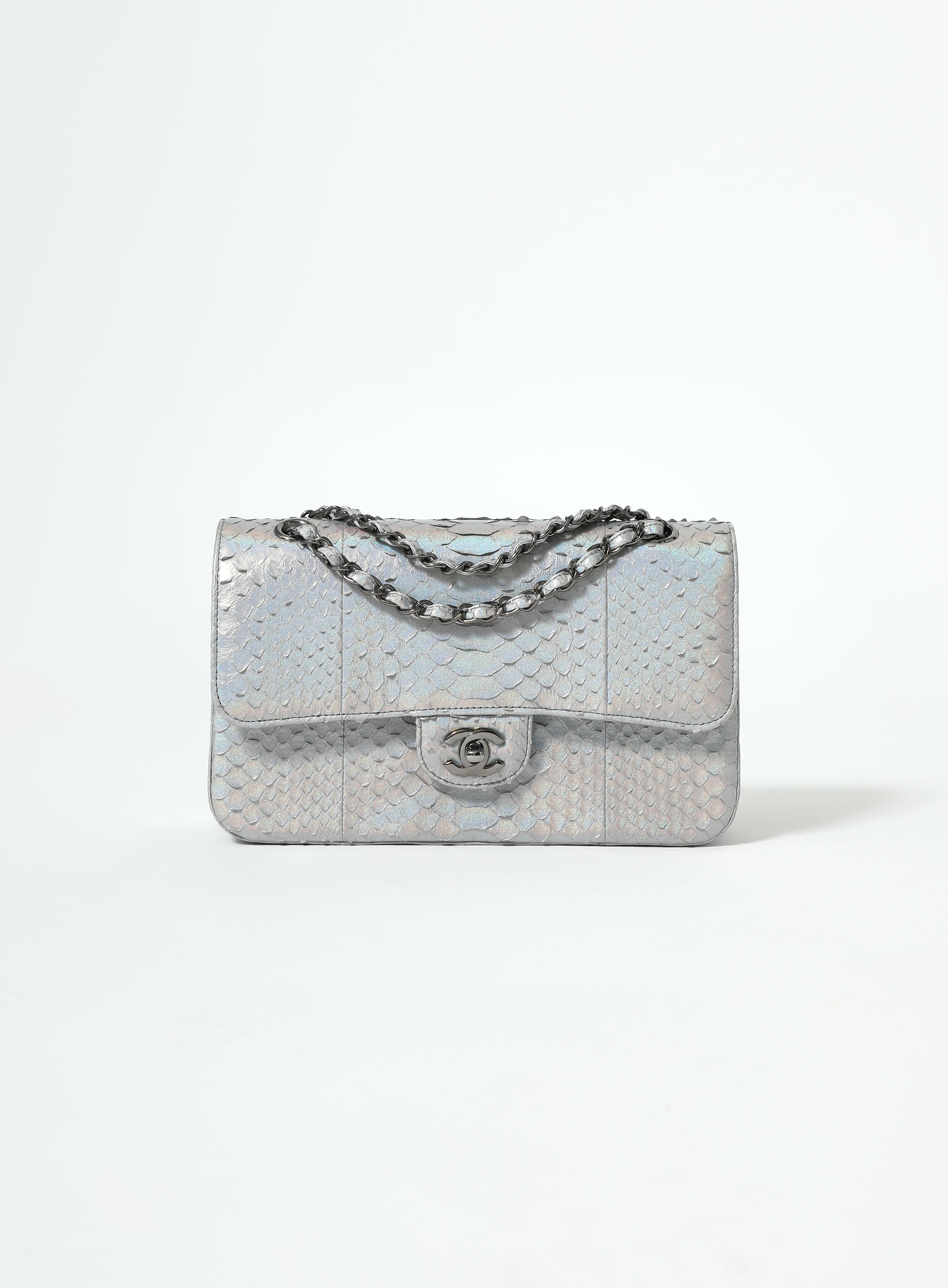 Chanel Boy Bag Silver Python / Leather Ruthenium Hardware Medium