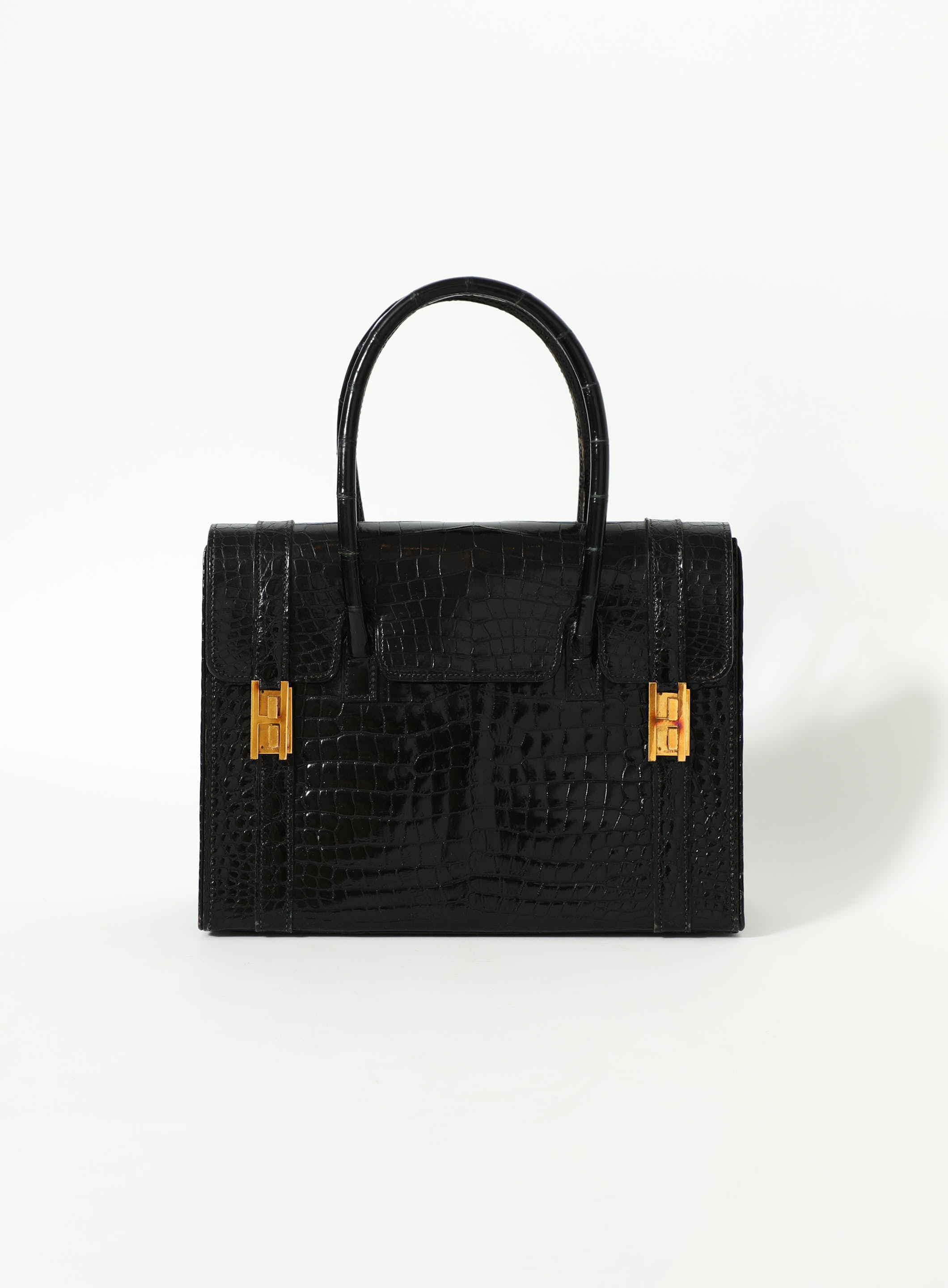 Hermes Vintage 1960s Black Crocodile Skin Top Handle Handbag