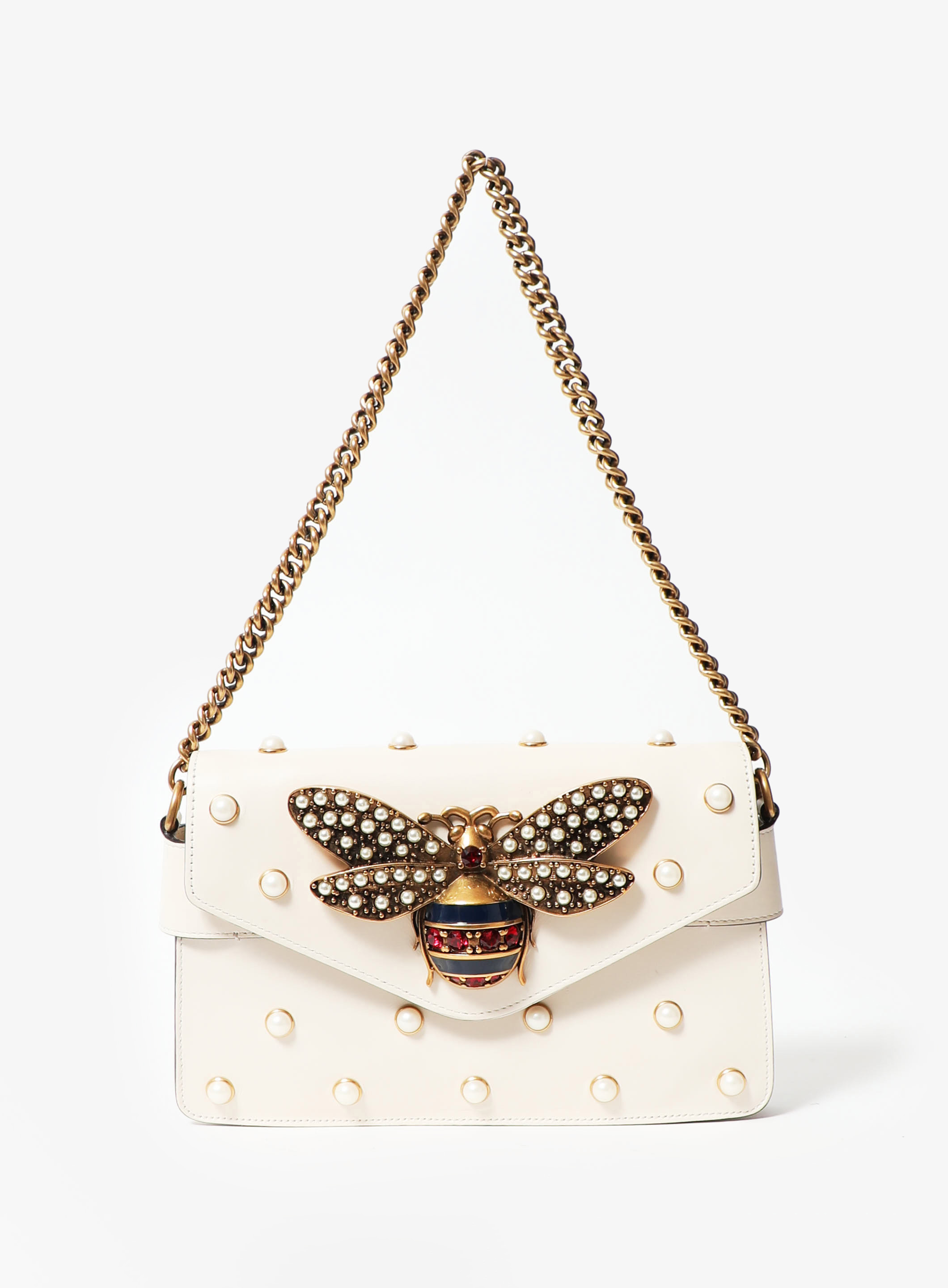 Gucci Calfskin Pearl Studded Mini Broadway Bee Shoulder Bag White