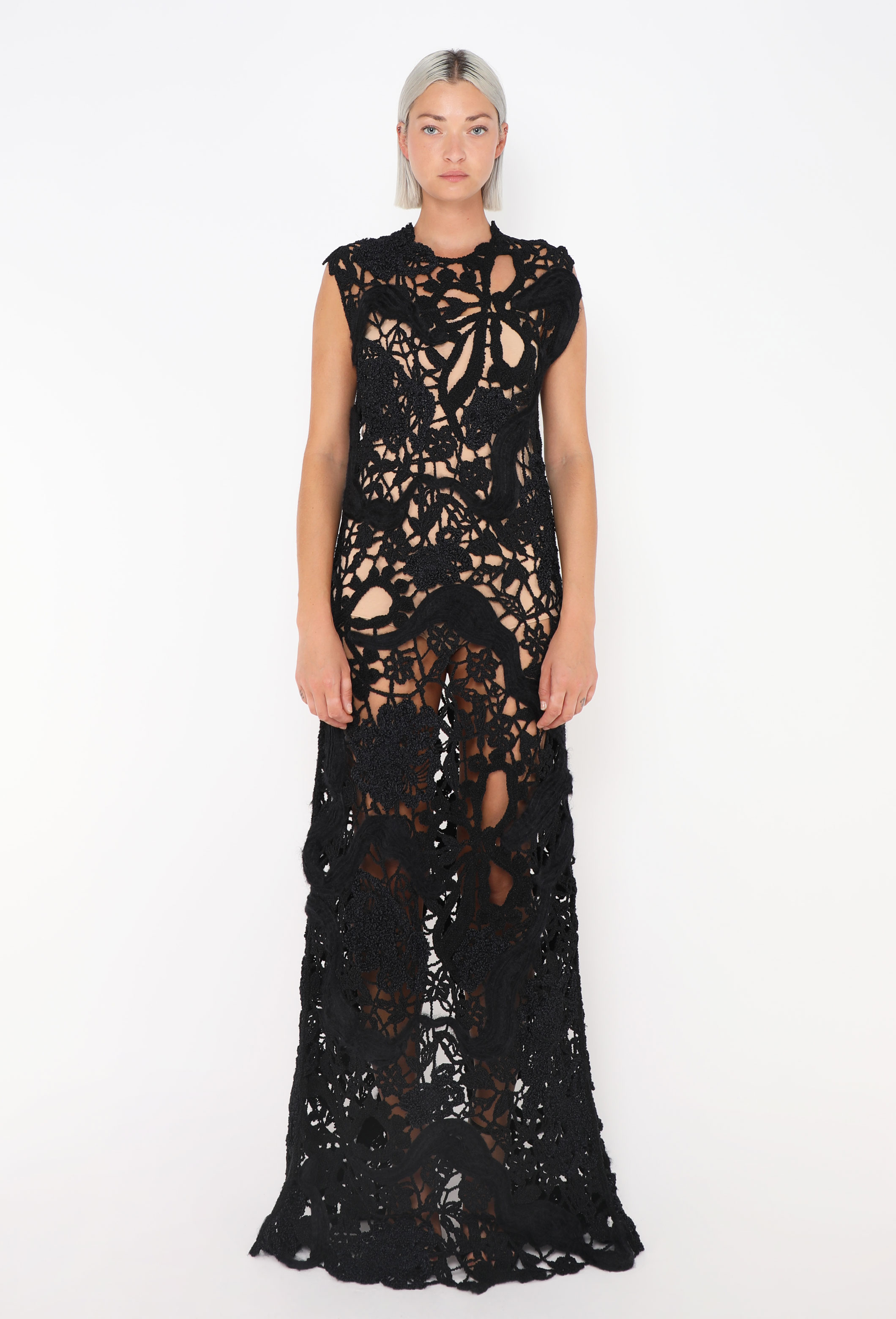 jil sander crochet dress Jil Sander Crochet-Knit Sleeveless Maxi Dress