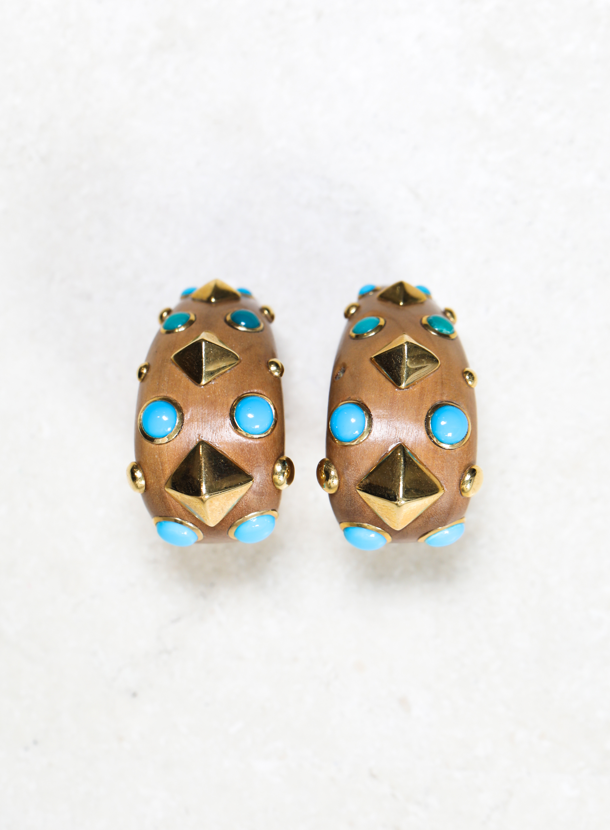 Trianon 18K Gold, Wood & Turquoise Clip Earrings
