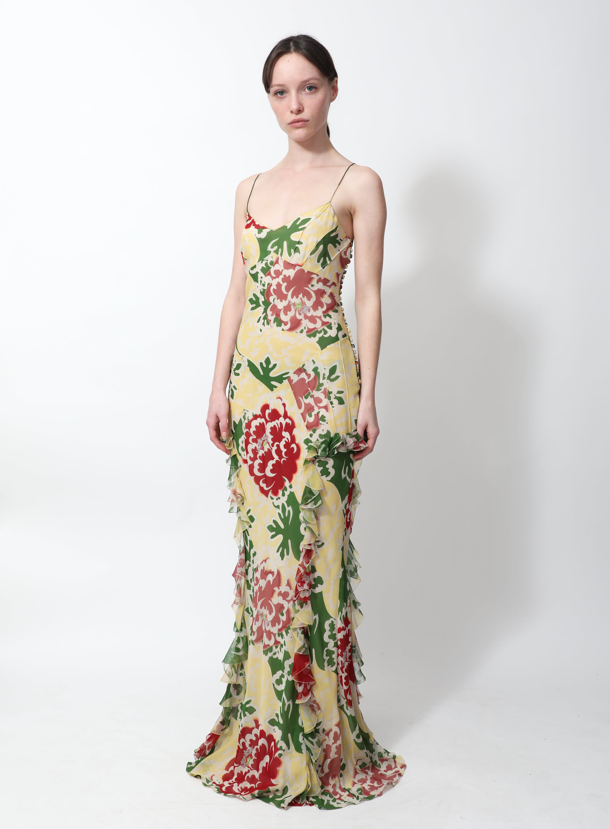 Ruffled Floral Silk Slip Dress, Authentic & Vintage