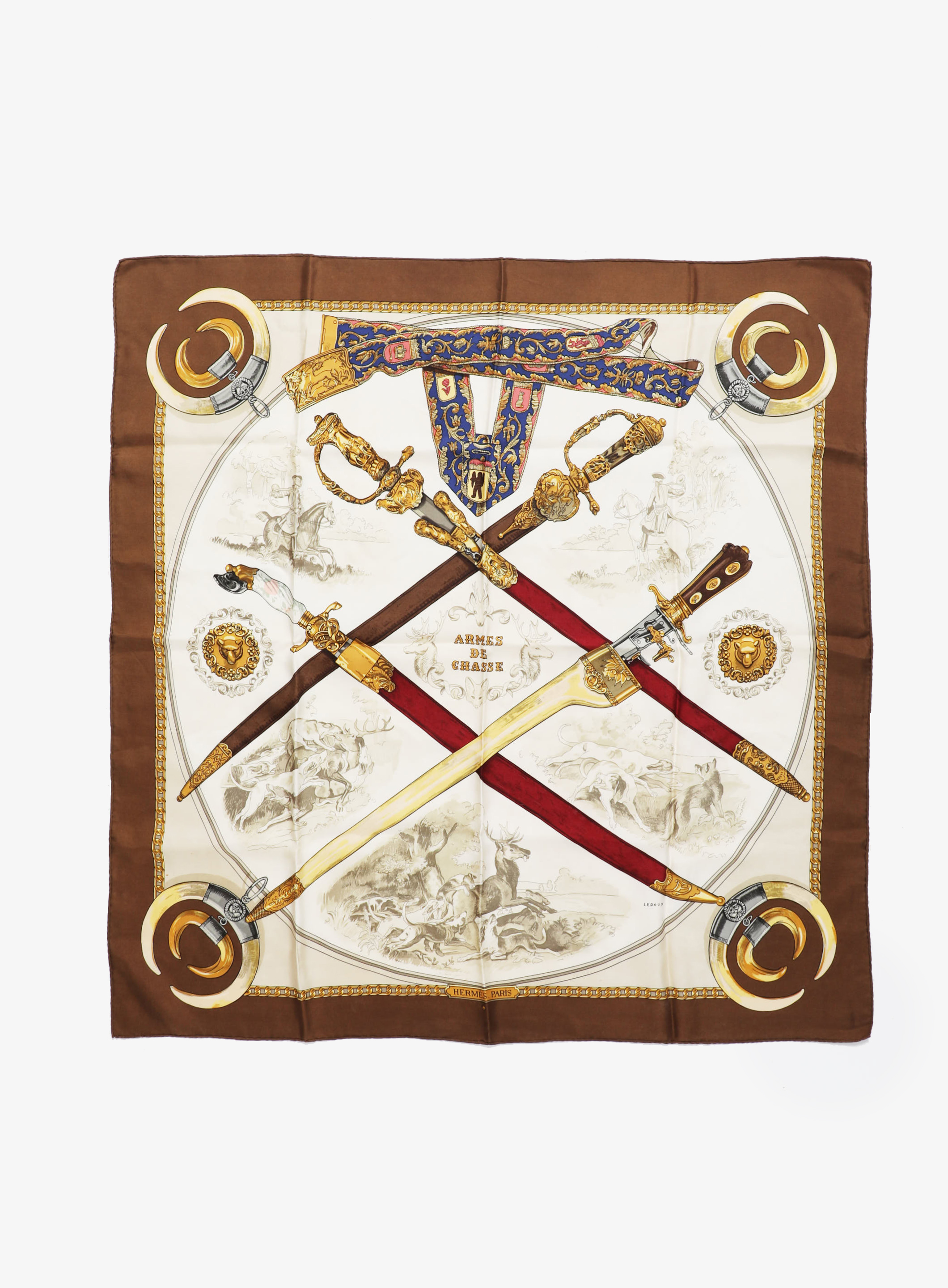 【美品】HERMES ARMES DE CHASSE カレ90 Armes de Chasse' Silk Carré 90 – Brown Border - Hermès | ReSee