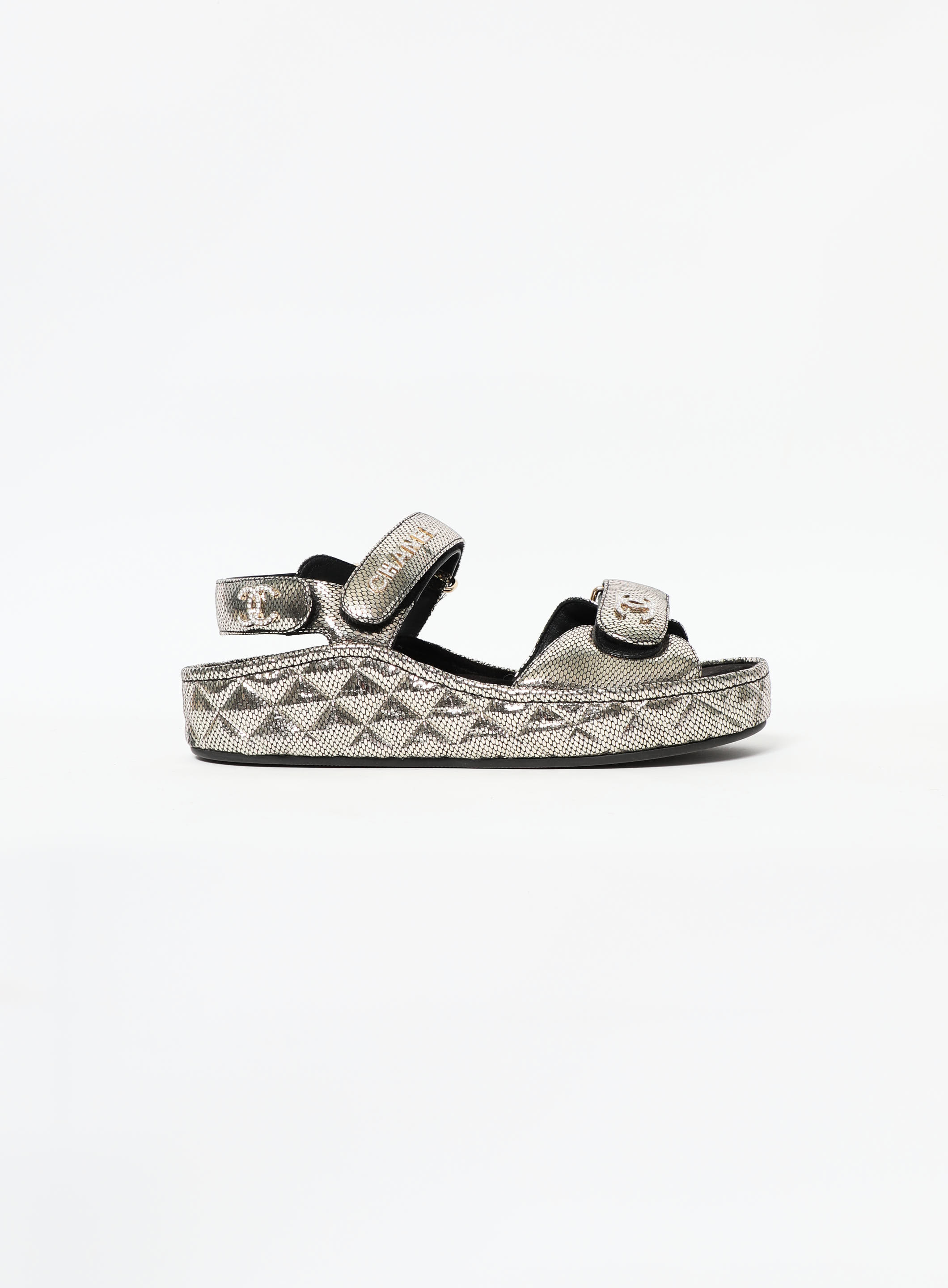 2019 Quilted 'CC' Leather Dad Sandals, Authentic & Vintage