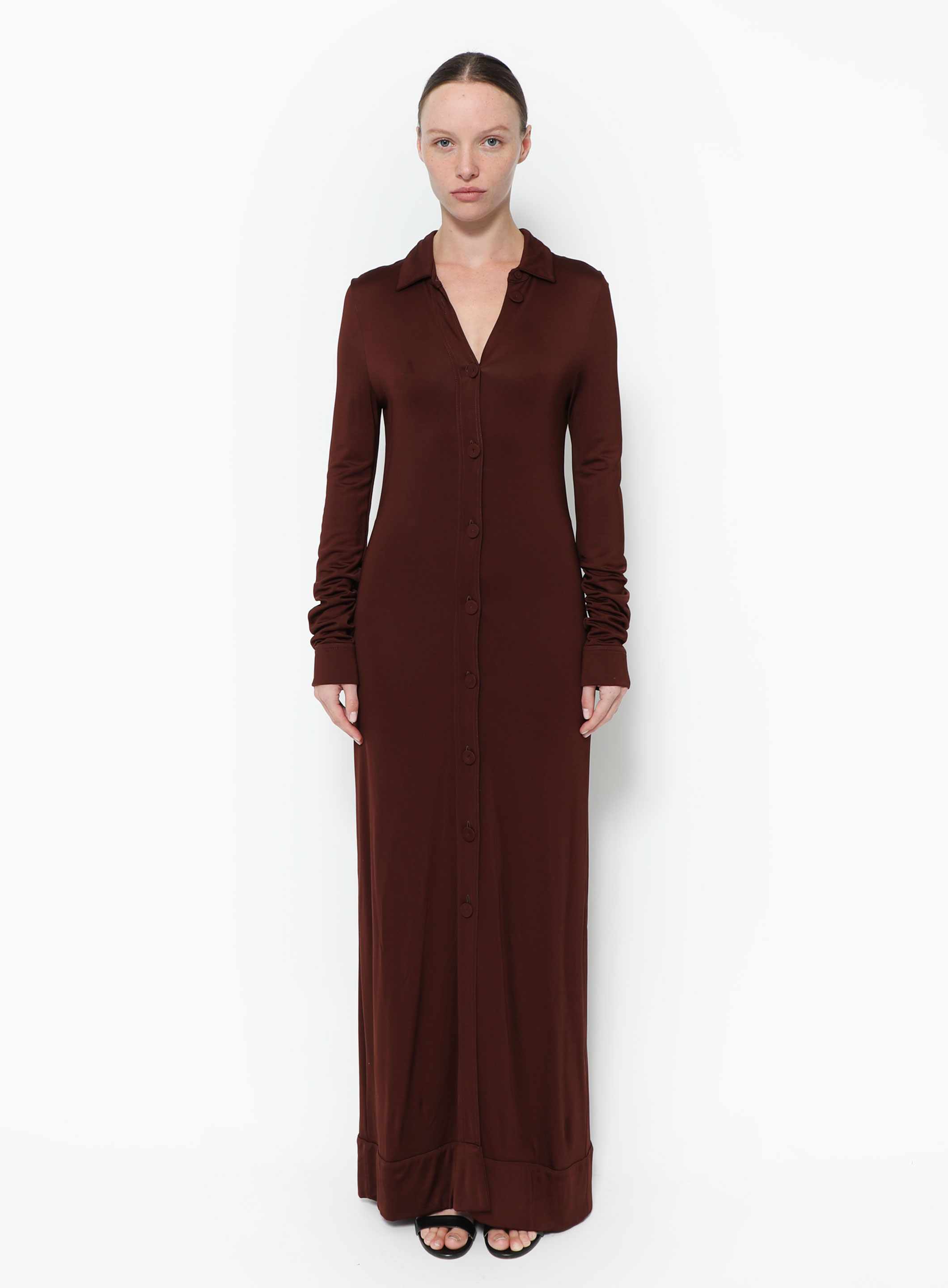 ワンピース JIL SANDER LONG DRESS WITH BLACK RUFFLES JIL SANDER Ruched satin maxi dress | THE OUTNET