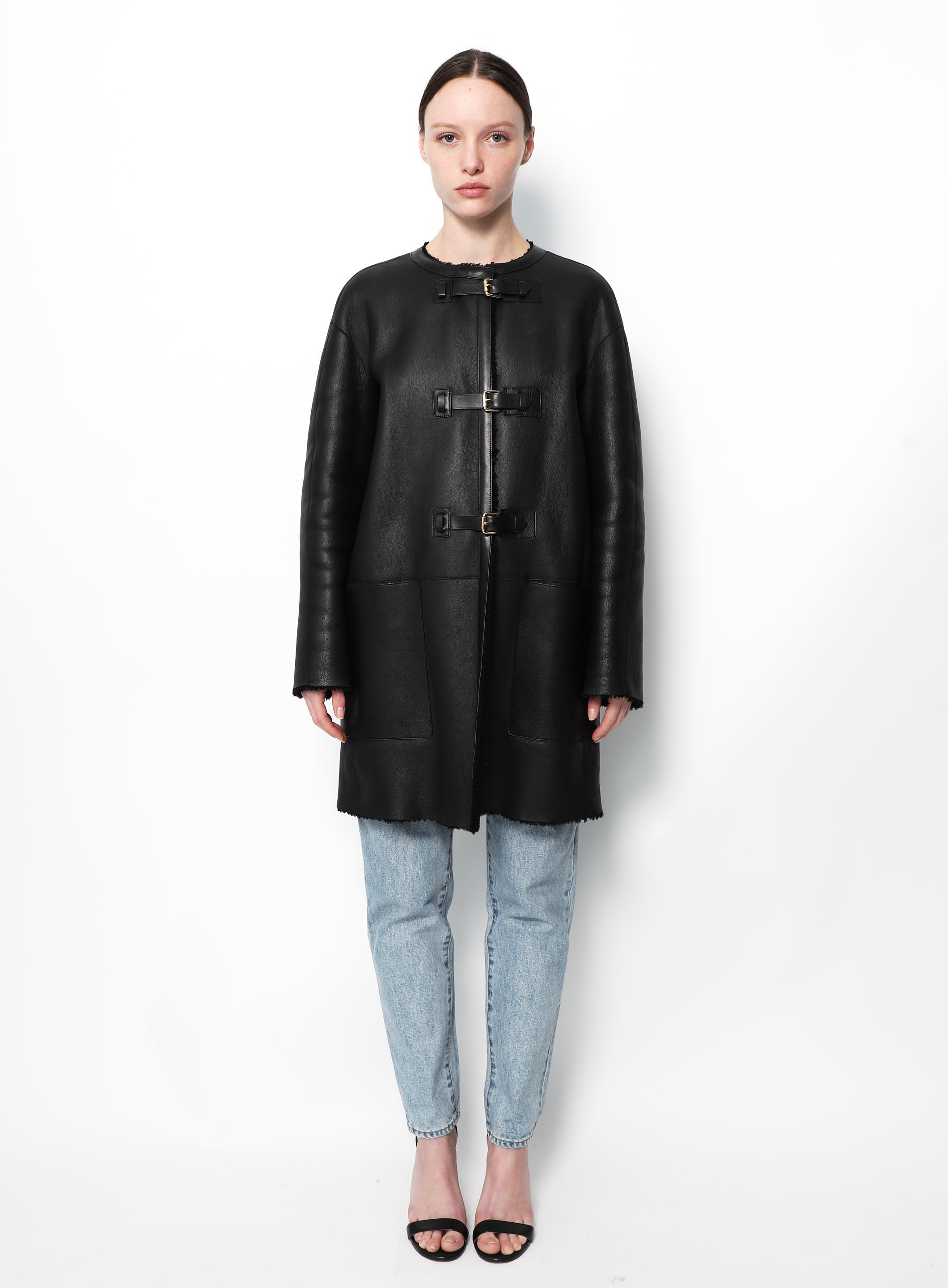 Louis Vuitton LV leather fur collar down jacket coat women black