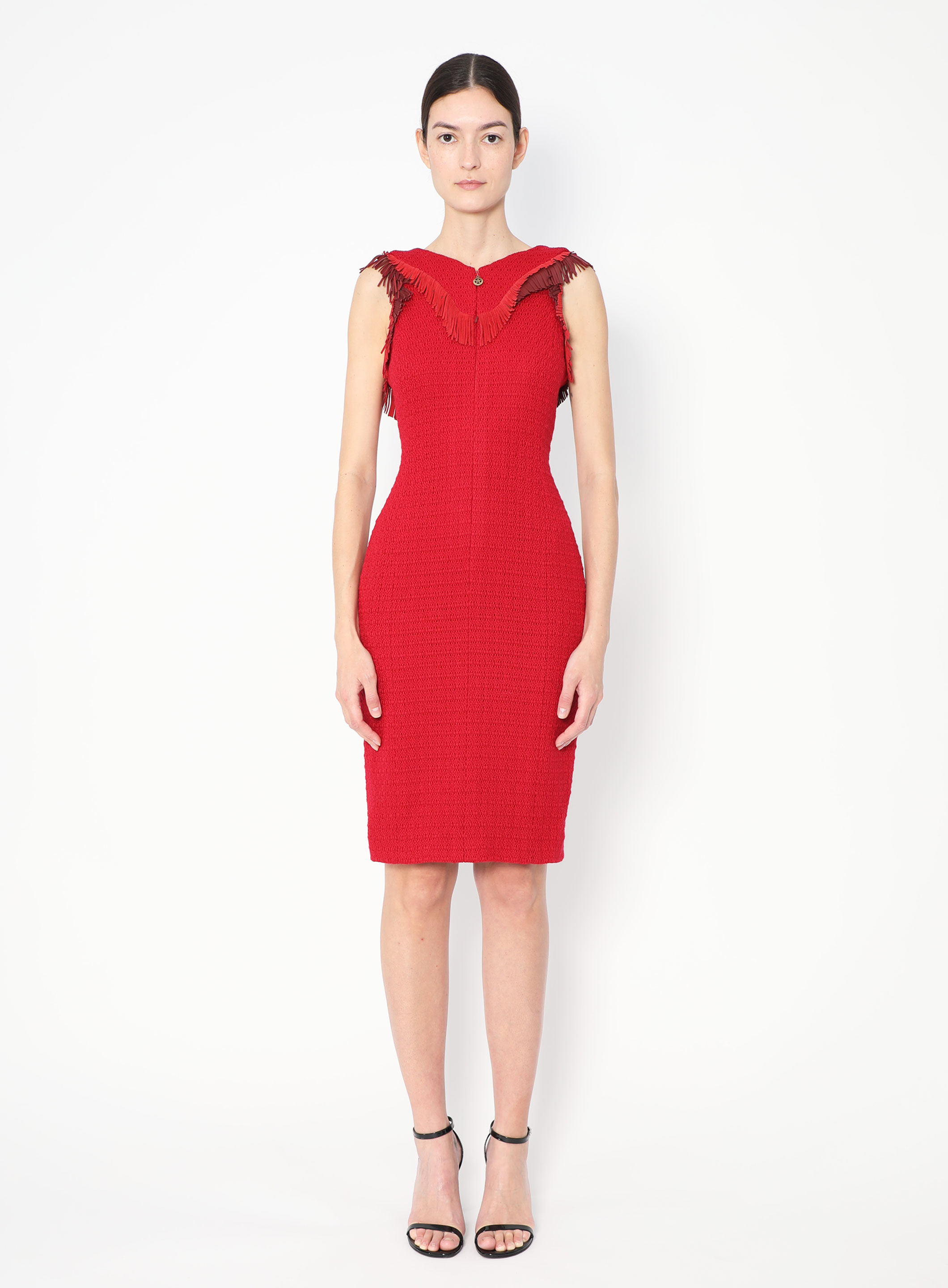 eve46】SIDE CHAINWFRINGE TWEED DRESS Side chainwfringe tweed