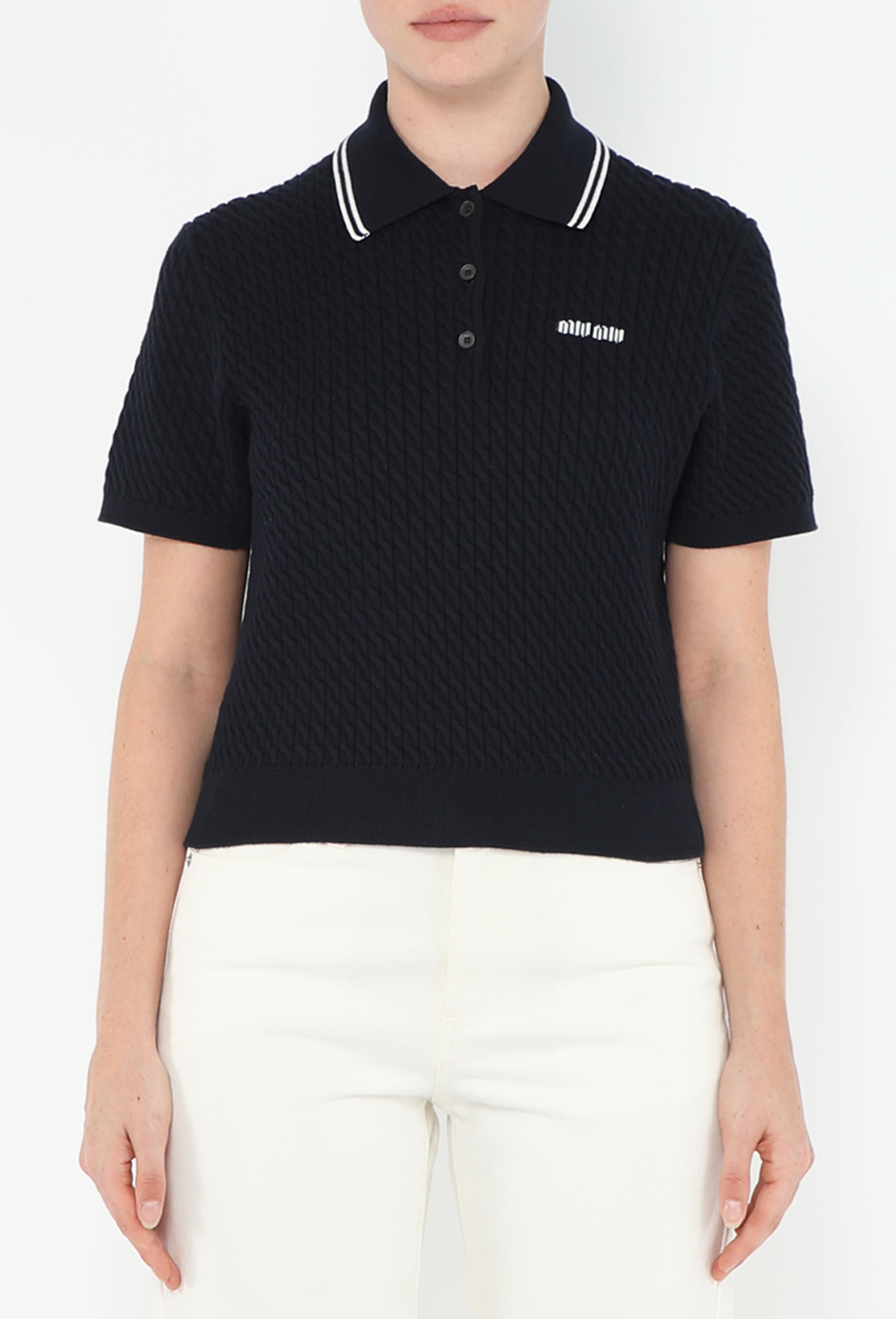 トップス prada archives knit polo navy miumiu Navy Wool Knit Polo Shirt | Miu Miu