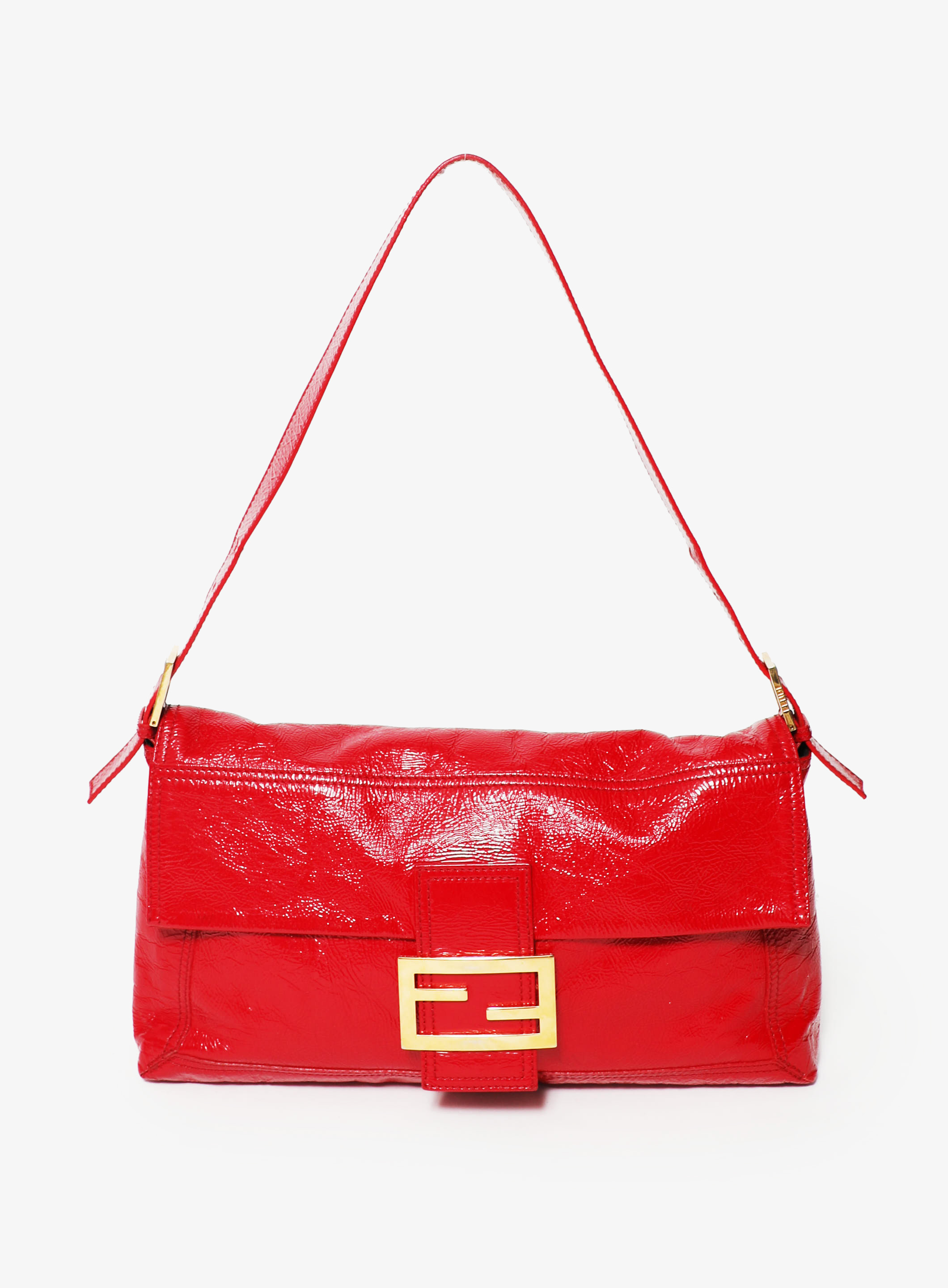 Fendi Red Crinkle Patent Leather Large Mamma Baguette Shoulder Bag